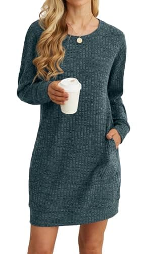 Image of PrinStory Women Jumper Dress Long Sleeves Causal Basic Mini Dress With Pockets Loose Knitted Pullover Tunic Sweatshirt For Women (Dark Green, M)