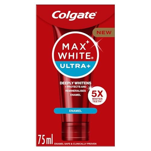 Image of Colgate Max White Ultra+ Enamel Toothpaste 75ml, Whitens Deep Stains for 5X Whiter Teeth, ActiveShine Technology Smoothes Enamel Surface to Reflect Light, Protects and Remineralises Enamel