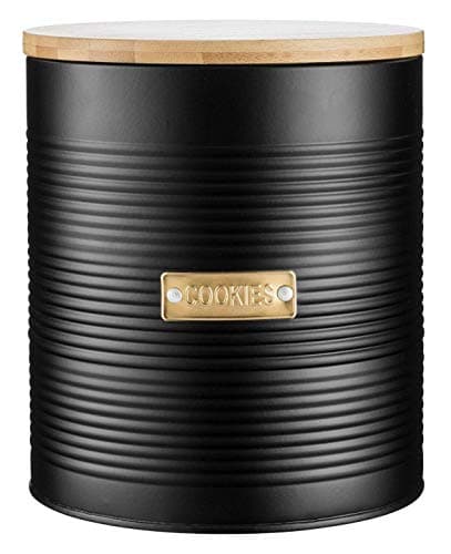 Image of Typhoon Retro Sleek Design Embossed Stripe Stainless Steel Tea Coffee Sugar Cookie Bread Bin Storage Jar Canister Wooden Bamboo Lid Otto Black (Cookies)