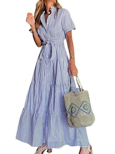 Image of utcoco Womens Casual Short Sleeve Button Down Tie Waist Ruffled Striped Maxi Shirt Dress, Blue, XXL
