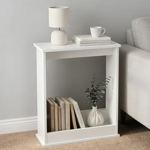 Image of M.J COMFY-LIFE Slim Side Table with Magazine Rack – Modern Small End Table for Living Room, Bedroom & Office, Compact Sofa Side Table, Narrow Bedside Table for Stylish Home Furniture (White)