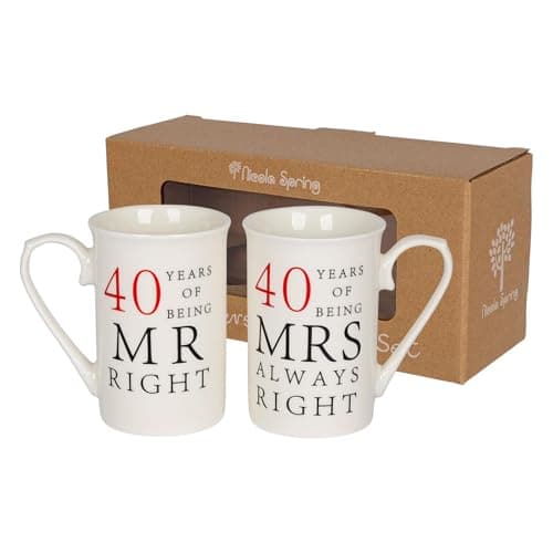Image of Nicola Spring 40th Anniversary Coffee Mug Set - 300ml Set of 2 New Bone China Coffee Teacup Drinking Mugs for Wedding, Milestone Celebration, His & Hers, Mr Right Mrs Always Right Couples Gift Box