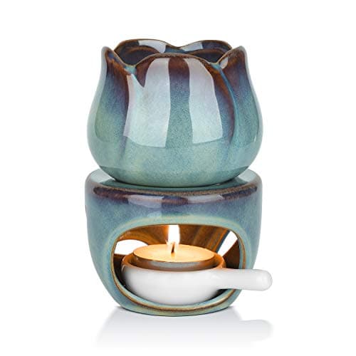 Image of ComSaf Wax Melt Essential Oil Burner with Tealight Spoon, Removable Aromatherapy Burner Blue Ceramic Aroma Oil Candle Diffuser Wax Tart Warmer for Home Bedroom Decor Christmas Housewarming Gift
