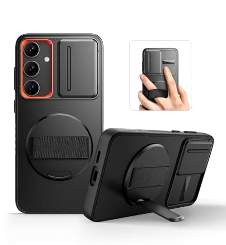 Image of SURITCH Compatible with Samsung Galaxy S24 Case with 360° Rotatable Hand Strap Phone Grip Holder & Invisible Kickstand & Slide Camera Cover Rugged Shockproof Protective Cover for S24-Black