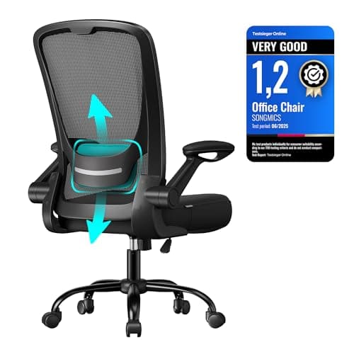 Image of SONGMICS Office Chair, Desk Chair with Mesh Back, Ergonomic Computer Chair, with Adjustable Lumbar Support Cushion, Rocking Function, 53 cm Wide Seat, Flip-Up Armrests, Black OBN37BKUK