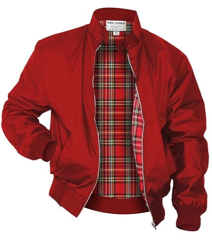 Image of Mega_Jumble Mens Vintage Harrington Jacket Classic Retro Mod Skin Scooter 1970's Bomber Tartan Check Lining Retro Style Coat (UK, Alpha, L, Regular, Regular, Red)