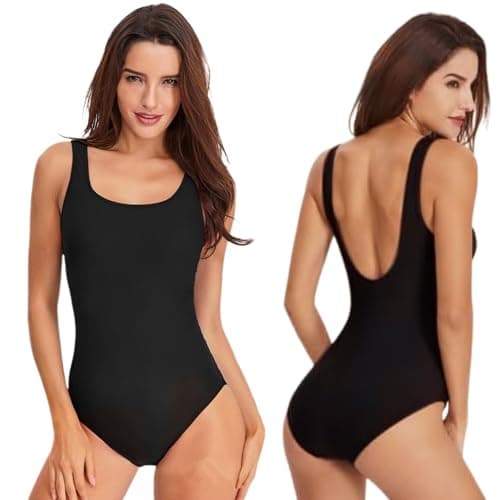 Image of Women One Piece Swimsuit Swimming Costume Tummy Control Ladies Round Neck Swimwear Monokini with Removable Pads Sexy High Cut Low Back Bathing Suits (UK, Alpha, S, Regular, Regular, Black)