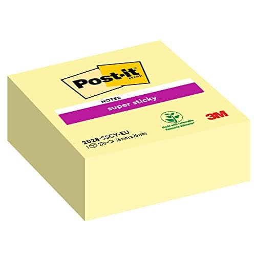 Image of Post-it Super Sticky Notes Cube, 270 Sheets, 76 mm x 76 mm, Canary Yellow - Holds Strong to Many Surfaces - for Walls, Monitors and Fridge, Recycable
