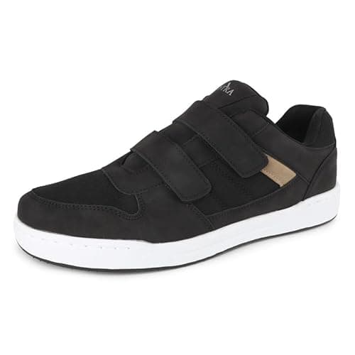 Image of TIESTRA Mens Casual Shoes Trainers Sneakers for Men Leather Cushioned Non-Slip Sports Walking Running Adjustable Fit Shoes Wide Black, UK9.5/EU44
