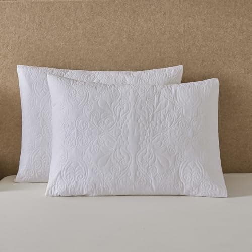 Image of YINFUNG White Quilted Pillow Shams Medallion Damask Standard Set of 2 Embroidered Vintage Pillowcases Embossed Textured Cotton Pattern Bright White