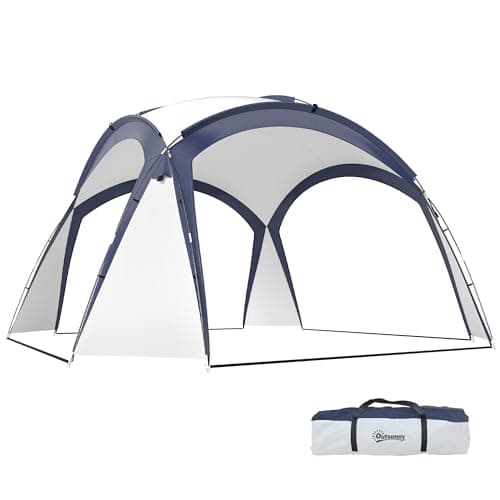 Image of Outsunny 3.5 x 3.5M Camping Gazebo, Outdoor Event Shelter Dome Tent Garden Sun Shelter Patio Spire Arc Pavilion Camp Sun Shade Tent for 6-8 Person, Cream and Blue