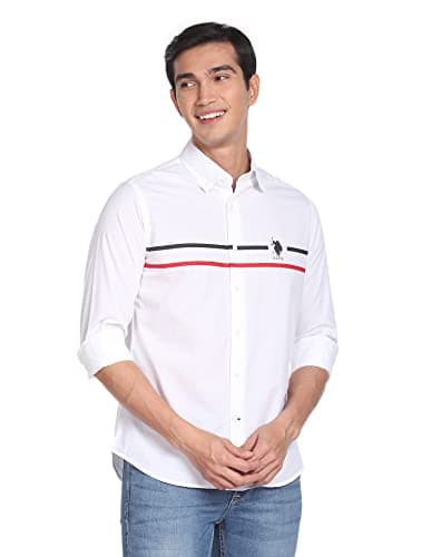 Image of U.S. Polo Assn. Men's Regular Fit Striped Shirt, White with 2 horizontal stripes, 36