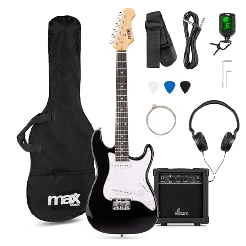 Image of Max GigKit Junior Electric Guitar Starter Pack, 3/4 Size, Black – Complete Beginner Kit for Kids 8-13, 20W Amp, Headphones, Case, Digital Tuner, Strap, Picks, Spare Strings