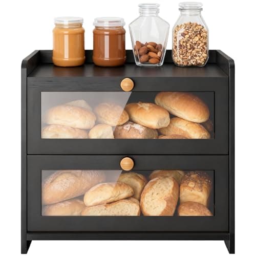 Image of CHUNGG Wooden Bread Bin Double, Multi-Functional Storage Large Capacity Corner Bread Box for Kitchen with Transparent Acrylic Window, Simple Style Black