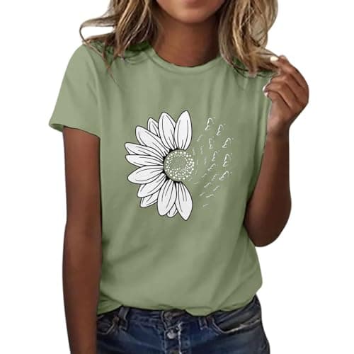 Image of Angxiwan My Order Today's Deals of The Day Tops for Women UK Clearance Fashion Daisy Butterfly Print Short Sleeve Basic Shirts Casual Loose Fit Blouse Summer Crewneck Sales Today Clearance.