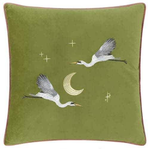Image of Paoletti Moonlit Flight Embroidered Velvet Cushion Cover - Olive - 45x45cm