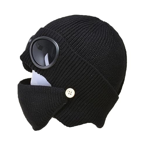 Image of Elegtiskas Unisex Goggle Knitted Beanie Hat Outdoor Winter Warm Ski Hat with Goggle Black