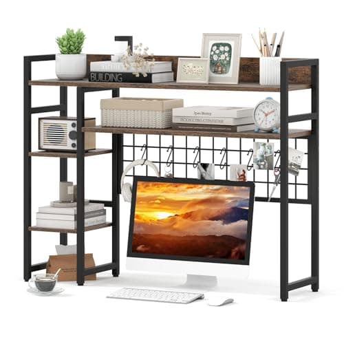 Image of COSTWAY Desktop Bookshelf, Home Office Countertop Storage Hutch Bookcase with 4 Open Shelves, Grid Panel and Anti-tip Device, 4-Tier Desktop Display Rack for Computer Monitor Up to 32” (Rustic Brown)