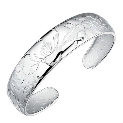 Image of QYAQ Women's Sterling Silver Bangle Bracelet,Women 925 Sterling Silver Bracelets Vintage Lotus Cuff Bangle Women Silver Bracelets Gift For Lovers, Girlfriends, Sisters, And Younger Sisters