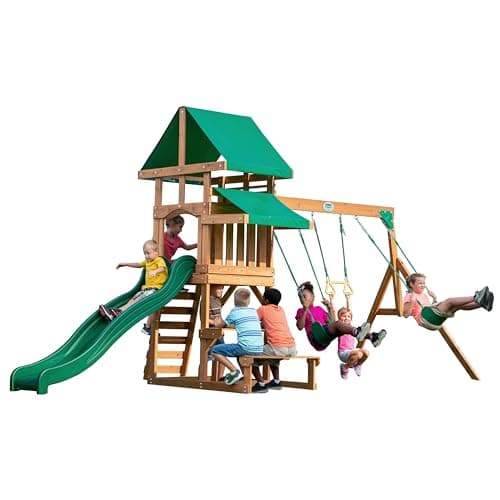 Image of Backyard Discovery Belmont 100% Cedar Wood Swing Set | Outdoor Playground for Kids | Garden Climbing Frame for Children | 1 Trapeze and 2 Belt Swings | 2.4m Wave Slide | Rock Wall Ladder