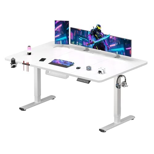 Image of SANODESK 160x60cm Electric Standing Desk Height Adjustable Gaming Standing Desk with Hooks & Cupholder Sit Stand Desk with Organizer Home Office Desk with Memory Smart Pannel Splice Board