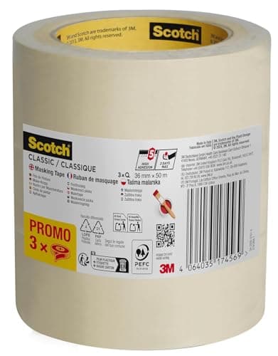Image of Scotch Classic Masking Tape, Promo Pack of 3 Rolls, 36 mm x 50 m, Beige - Painters Masking Tape for Indoor Painting and Decorating, 70% PEFC