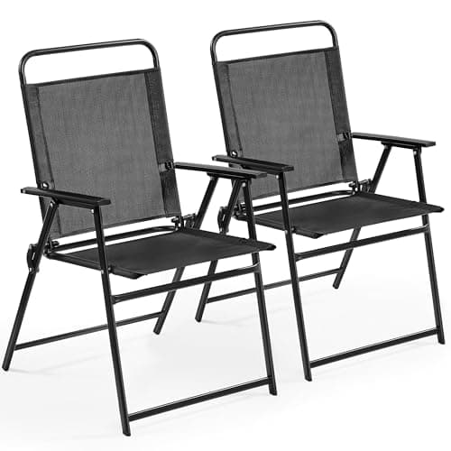 Image of Yaheetech Outdoor Foldable Dining Chairs Patio Texteline Chairs All-weather Breathable Lawn Chairs with Backrest, Armrests Set of 2, for Garden, Lawn, Porch, Backyard, Poolside -Black