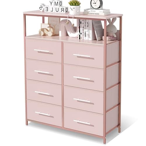 Image of MYGIIVOVO Chest of Drawers, Dresser for Bedroom with 8 Fabric Drawers, Tall Storage Organizer Unit with 2 Layers Shelf, TV Stand with Sturdy Metal Frame (Pink)