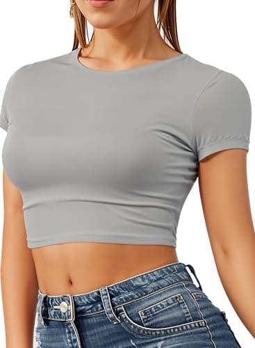 Image of Re Tech UK - Women's Basic Ladies Short Sleeve Stretchy Crop Tops for Women, Slim Fit Crew Neck, Cropped T Shirt, Summer, Cute, Tshirt, Sizes 8-14 (M/L 12-14, Light Grey)