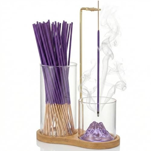 Image of Wooden Upside Down Incense Holder with Removable Purple Mountain Ash Cup & Small Vase Function, 30 Lavender Scent Incense Sticks, for Meditation Yoga Spa Zen Decor & Gifts