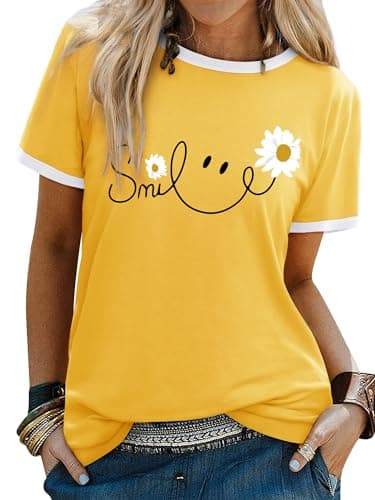 Image of Yihelian Tshirts Women Crew Neck Top Ladies Daisy Print Short Sleeve Tee Shirt Summer Smile Letter Printed Shirts Yellow