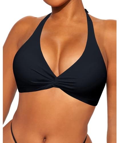 Image of Coloquin Women Push Up Bikini Top Halter Triangle Bikini Swimming Tops Padded Swimwear Black L