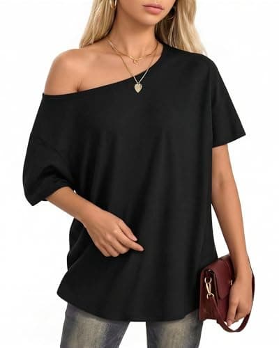 Image of ALGALAROUND Oversize Tops for Women Off The Shoulder Oversized Short Sleeve Tshirts Tops Sexy Women Summer Plus Size Shirts Ribbed Going Out Tops Black XXL