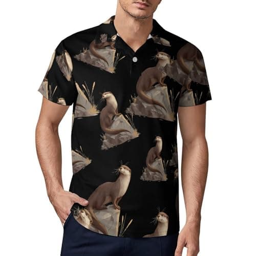Image of Otter Perched On Rock Men's Polo Shirts Workout Golf Gym Sport T Shirts Casual Collared Tennis Tops