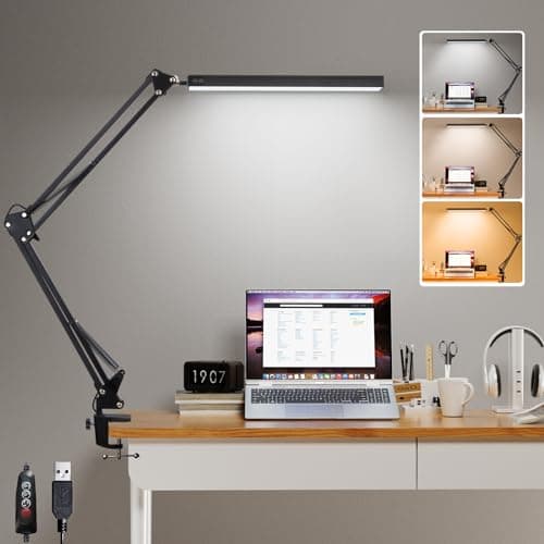Image of GLOBAL GOLDEN Desk Lamp, Eye Caring LED Desk Light, Adjustable Swing Arm, Memory Function with 3 Color Modes x 10 Brightness Levels, 12w Study Lamp for Office, Nails, School, Working - Black