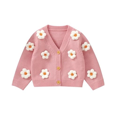 Image of Siyova Toddler Baby Girl Knit Sweater Cardigan Long Sleeve Button Down Flower Knitted Coat Jacket Infant Girls Winter Warm Clothes (Pink, 12-18 Months)