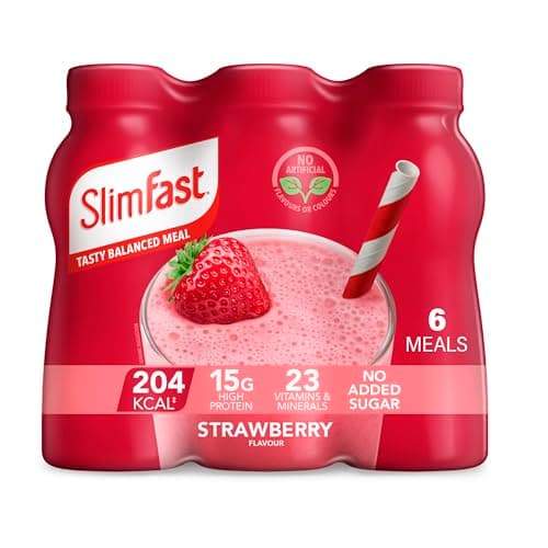 Image of SlimFast Ready To Drink Shake, Meal Replacement Shakes for Weight Loss and Balanced Diet, High Protein, Vitamins, Minerals, No Added Sugar, Strawberry Flavour, 6 x 325 ml, Packaging May Vary