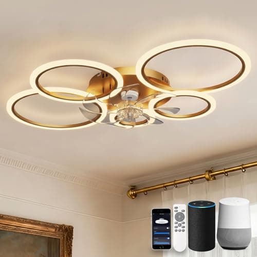Image of KeLuKes Ceiling Fan with Light Compatible with Alexa, 100cm Living Room Ceiling Fan Light, Silent Timer Dimmable Reversible Ring Smart Fans with Lamps, Gold