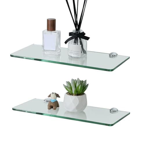 Image of SAYAYO Glass Floating Shelves Set of 2, 6MM Tempered Transparent Bathroom Shelf Wall Mounted with Chromed Shelf Brackets for Home Kitchen Bedroom Decor 30CM/12-Inch