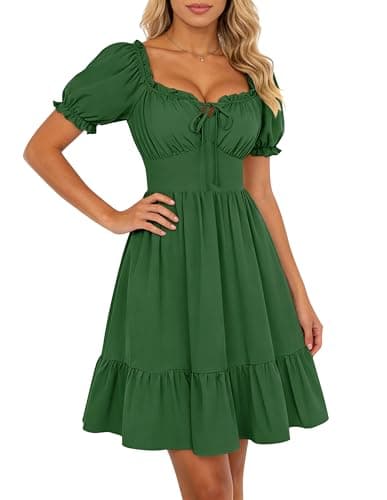 Image of SCARLET DARKNESS Women Renaissance Square Neck Short Sleeves Dress Flared A-Line Midi Dress with Ruched Front and Smocked Back Green L