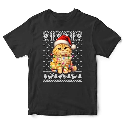 Image of Ginger Cat Kids Christmas T Shirt Festive Feline Tee Xmas Kitten Boys Girls Top, 12-13 Years, Black