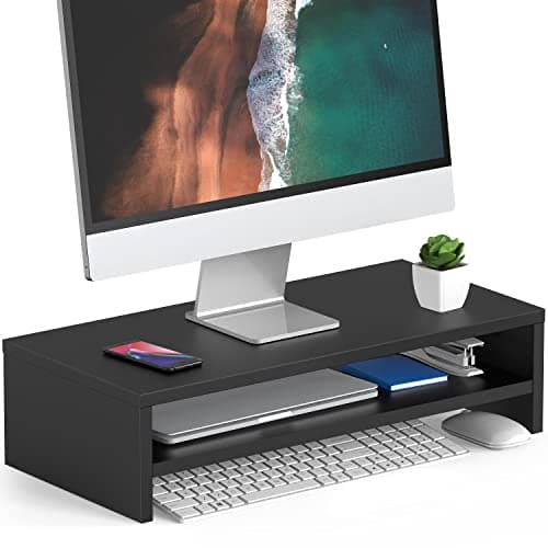 Image of FITUEYES Monitor Stand 2 Tiers Computer Monitor Riser,54cm Wood Desktop Stand for Laptop Computer Screen Riser, with Storage Shelf, Office Supplies, Desk Organizer, Black