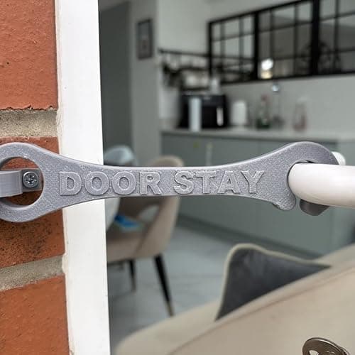 Image of Door Stay Bi-Fold Door Stay – Hook & Eye Latch Style Door Holder & Restraint – Holds Bi-Fold Doors Open Securely – Controlled Opening for Ventilation & Pet Access – Grey