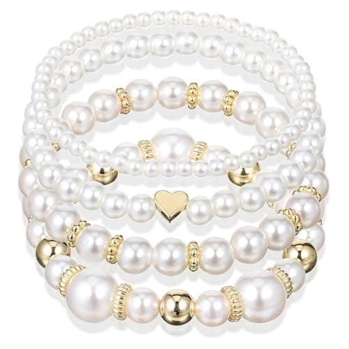 Image of 4 Pcs White Gold Stretch Pearl Bracelets for Women - Bridesmaid Wedding Elastic Stackable Faux Beaded Jewelry