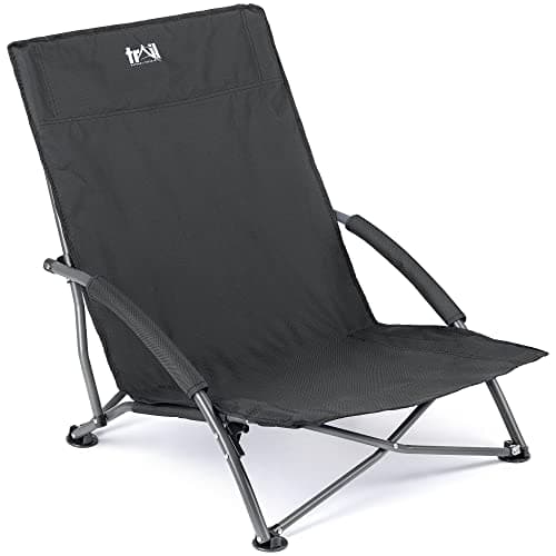 Image of trail outdoor leisure Low Folding Beach Chair, Lightweight Portable Camping Festival Picnic Lounger Seat, Padded Armrests, Carry Bag with Strap (Black)