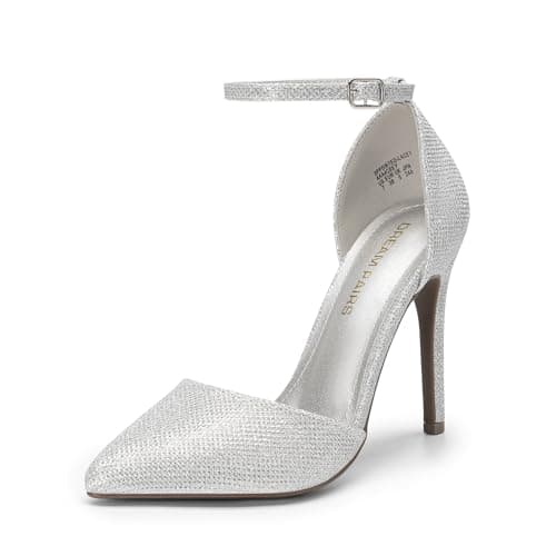 Image of DREAM PAIRS Women's Pointed Toe Ankle Strap High Heels Pumps Dress Court Shoes Oppointed-Lacey Silver Glitter Size 6.5 UK / 8.5 US