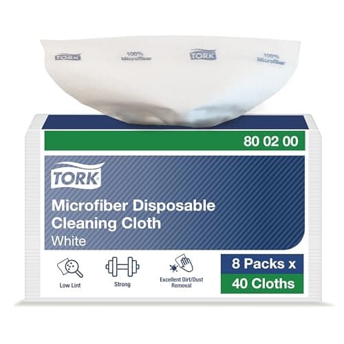 Image of Tork Microfiber Cleaning Cloth Disposable White with Blue Print, Dry and Wet Use, 8 x 40 cloths, 800200