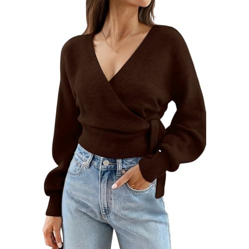 Image of Women's Cropped V Neck Knitted Jumpers Wrap Front Long Sleeve Tie Waist Top Soft Knit Pullover for Casual Daily Wear Loose Fit Fashion Blouse Fashion Ceremony Sweater Everyday Outings L Coffee