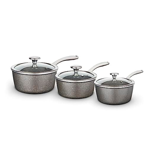 Image of Tower Cerastone Pro Forged Aluminium 3 Piece Saucepan Set Including 18, 20 and 22cm Saucepans with Glass Lids, Non-Stick Coating, Graphite, T900200