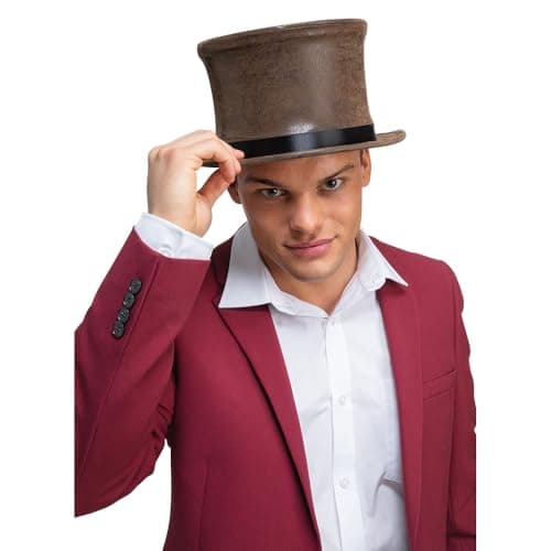 Image of Wicked Costumes Brown Suede Top Hat with Collapse and Pop Up feature - Fancy Dress Accessory